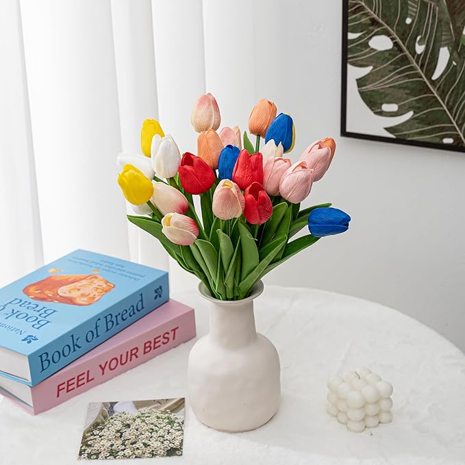 KAOYOO 18PCS Artificial Tulip Flowers Bouquet - Faux Latex Tulips for Home Decor,Office Desk,Kitchen Table,Wedding Centerpiece,Party,Spring Decoration(Yellow,18 Pack)