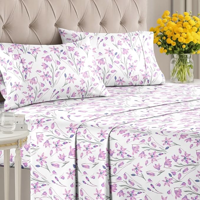 Floral Sheets - Pink Floral Bed Sheet Set - 1 Flat & 1 Fitted & 2 Pillowcases w/ Deep Pockets - Comfy, Wrinkle & Fade Free - Boho Botanical Bedding - Ultra-Soft, Breathable & Cooling - Full Size Set