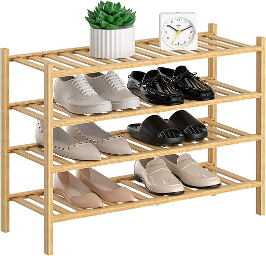 RONGJlA 4 Tier Bamboo Shoe Rack for Closet Free Standing Wood Shoe Shelf Storage Organizer for Entryway Small Space Stackable, Natural