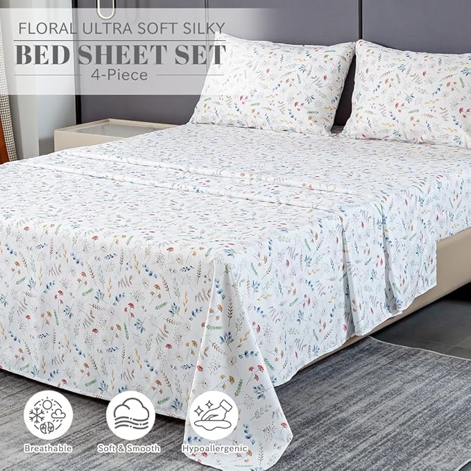 Bedlifes Full Sheet Set Ultra Soft, Breathable, Silky Flower Deep Pocket 100% Microfiber Bedding, 4 Piece Full Size White Floral