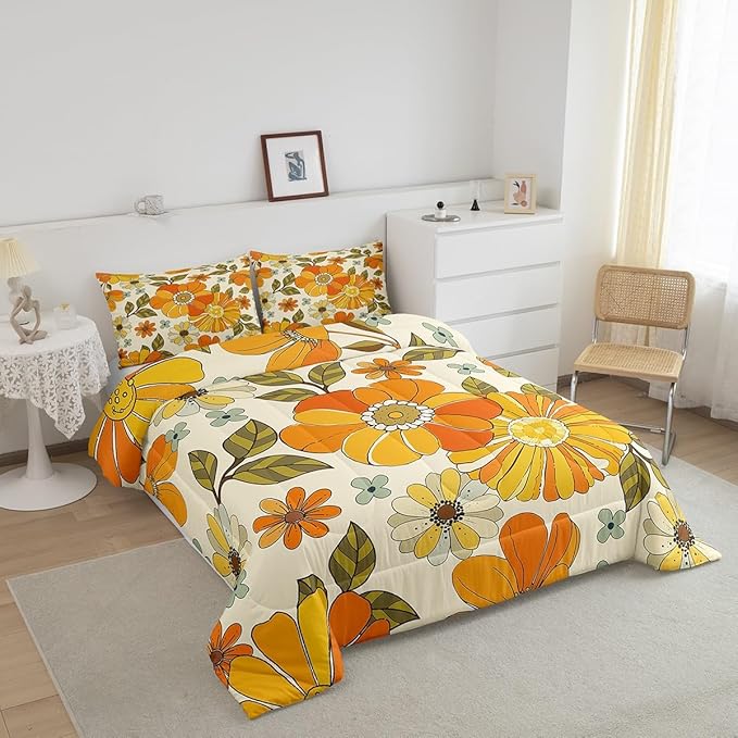 Castle Fairy Retro Flowers Bedding Set King Size,Watercolor Yellow Floral Green Leaves Plant Comforter Set Room Decor for Couple,70s Trippy Daisy Microfiber Down Comforter,2 Pillowcases