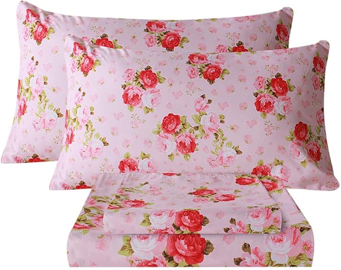 Bedlifes King Sheet Set Ultra Soft, Breathable, Silky Flower Deep Pocket 100% Microfiber Bedding, 4 Piece King Size Pink Floral(Red Rose)
