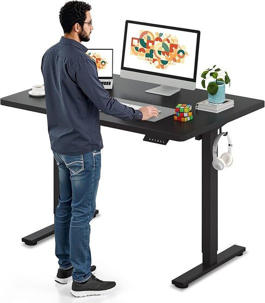 SANODESK Electric Standing Desk 48 x 30 Inches Whole-Piece Desktop Height Adjustable Stand Up Desk w/6-Button Controller Ergonomic Computer Desk for Home Office, Black Frame + Black Tabletop
