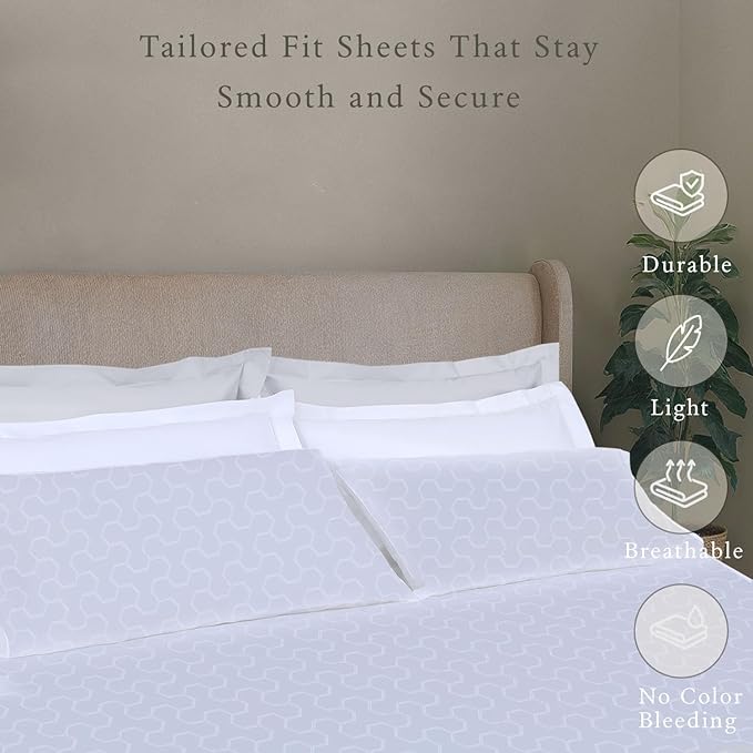 Threadmill 500 Thread Count Twin-XL Size 3 Pc Luxury Cotton Bed Sheet Set, Jacquard Floria Hotel White, Breathable Sheets with 15" Elasticized Deep Pocket, 1 Pillowcase & Free Tote Bag