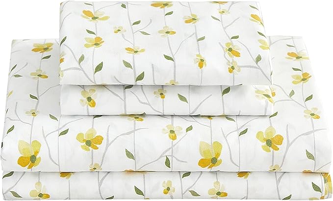 Softan Yellow Floral Sheets for Queen Size Bed Printed Bed Sheets - 4 Piece Soft Microfiber Patterned Fitted Sheets Queen with 15" Deep Pocket and Corner Straps,Cute Flower Sheets & Pillowcase Set