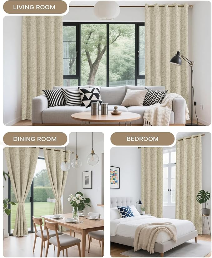 Chenille Floral Blackout Curtains 96 Inch Length 2 Panels Set - Bedroom Living Room Darkening Thermal Insulated Black Out Window Treatments Grommet Jacquard Drapes 52 Inch Wide Beige
