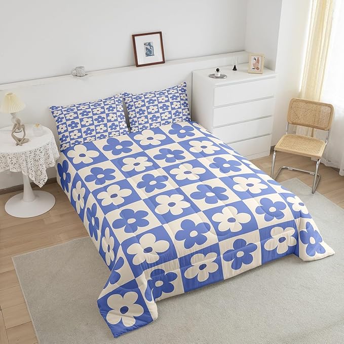 Castle Fairy Kids Cute Flowers Plaid Queen Size Comforter Set,Blue and Cream Floral Checked Bedding Set with 2 Pillowcases,Fashion Geometric Style Breathable Durable Polyester Bedding Set