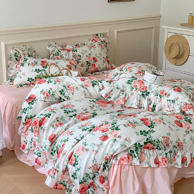 LifeTB Pink Floral Comforter Set King Vintage Pink Flower Leaves Botanical Coquette Bedding Comforter with 2 Pillowcases Romantic Ruffle Boho Comforter Floral King Bed Comforter Set for All Seasons