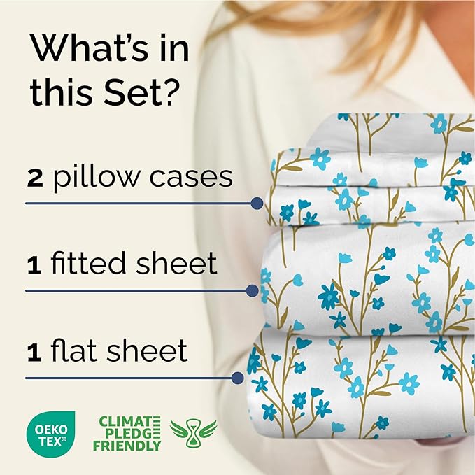 Floral Sheets - Blue Floral Bed Sheet Set - 1 Flat, 1 Fitted & 2 Pillowcases w/ Deep Pockets - Comfy, Wrinkle & Fade Free - Boho Botanical Bedding - Ultra-Soft, Breathable & Cooling - King Size Set