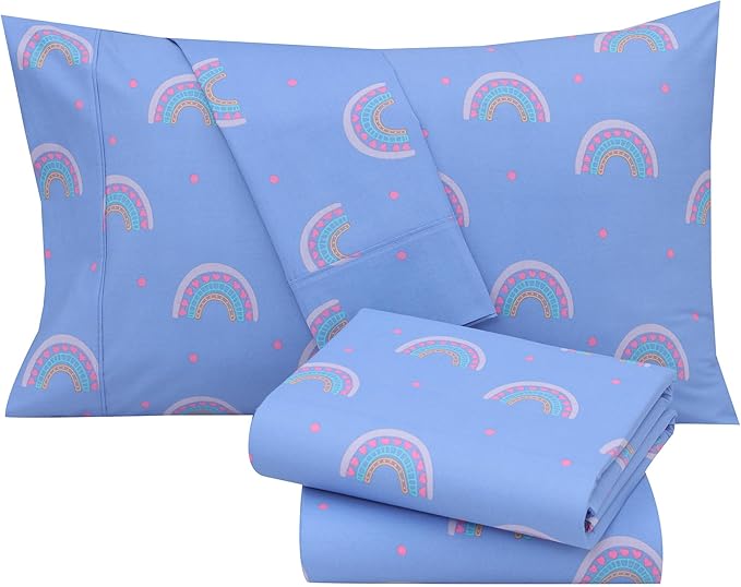 RUVANTI 100% Cotton Sheets Queen Size Set, 4 Pieces, Soft & Breathable Percale Weave Bedding, Deep Pocket 16", Hotel Standard, Crisp Cool Feeling, Durable, Perfect Floral Bed Sheet, Baby Rainbow