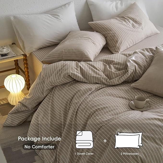 MooMee Striped Duvet Cover Set 100% Washed Cotton Linen Like Textured Breathable Durable Soft Comfy (Tannish Linen Grey White Wide Stripes, Cal King 104"x98")