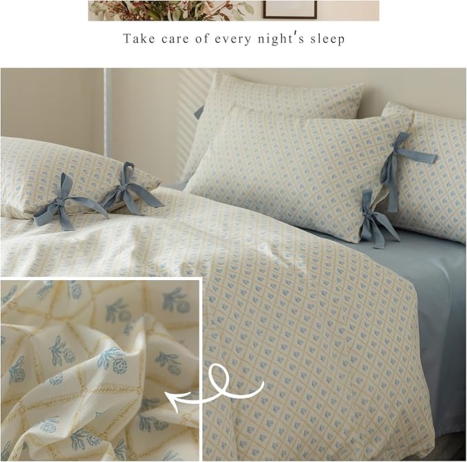 HighBuy Twin XL Comforter Set Cute Blue Flower Bedding Comforter for Kids Girls Coquette Checkered Bedding Sets 3 Piece with 2 Bowknot Bow Tie Pillowcases Botanical Quilts Garden Comforter Cottage Bed