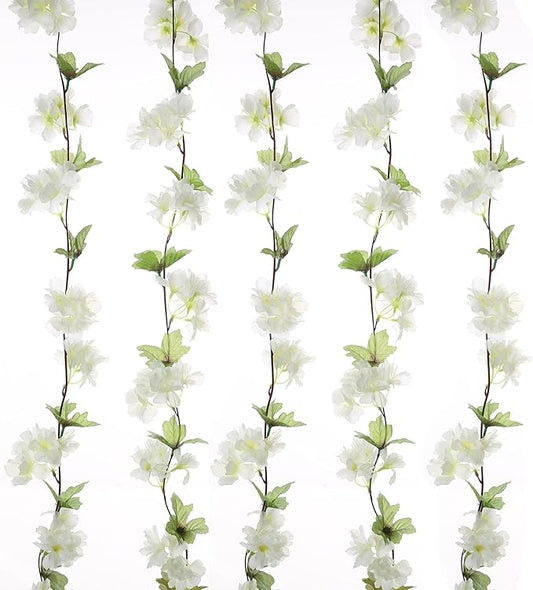 2Pcs Artificial Cherry Blossom Flower Garland Silk Fake Hanging Flower Vines for Home Wedding Decoration 7.2FT, White