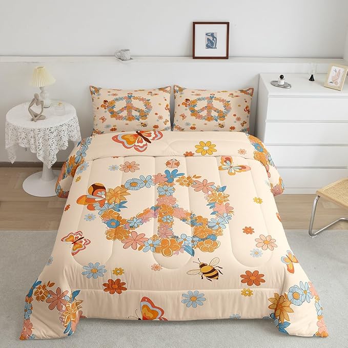 Castle Fairy Retro 70s 60s Hippie Bedding Comforters Queen Size,Groovy Flowers Butterfly Honeybee Comforter Set with 2 Pillowcases,Floral Peace Symbol 3pcs Children Adult Duvet Set,Soft