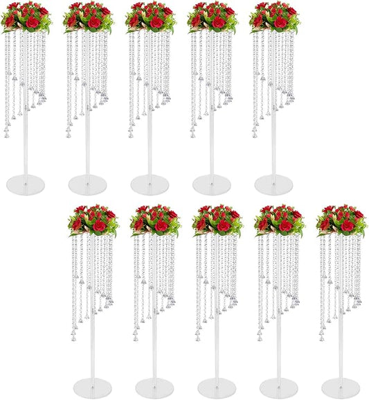 10 Pcs Acrylic Column Flower Stand with Chandelier Crystals, Clear Acrylic Tall Vases Fancy Metal Vase Stand for Weddings and Parties 7.87 x 7.87 x 31.5 Inch