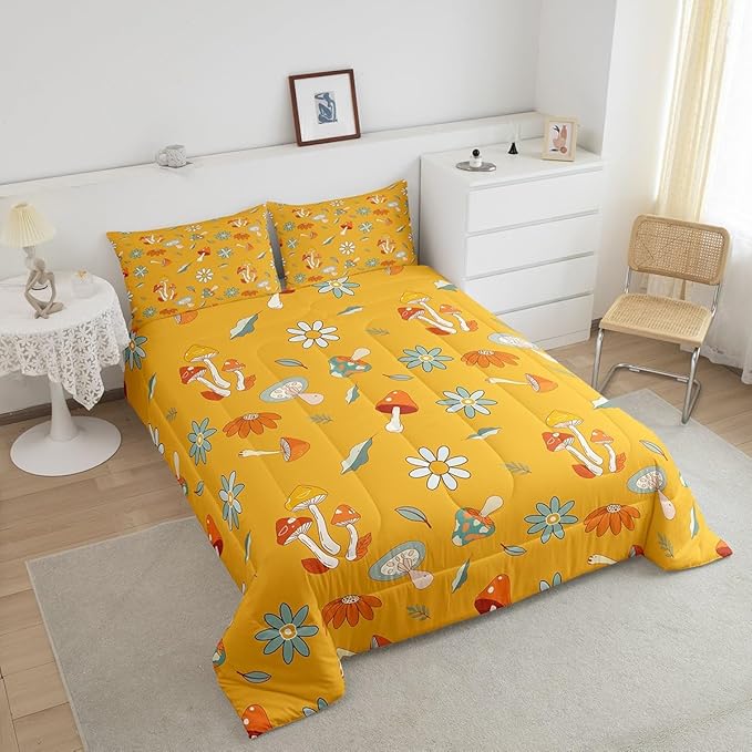 Castle Fairy Retro Hippie Mushroom Queen Size Comforter Set,Groovy Flowers Floral Bedding Set with 2 Pillowcases,Yellow Boho Trippy Breathable Polyester Bedding Comforters