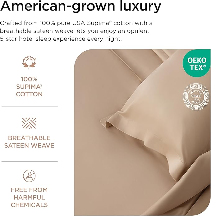 Threadmill Luxury Supima Cotton Sheets, Luxury 1200 Thread Count Soft 100% Cotton Sheets for Full Size Bed, 4 Pc Beige Bed Sheets Full Set, 5-Star Hotel Quality Deep Pocket Bed Sheets Set