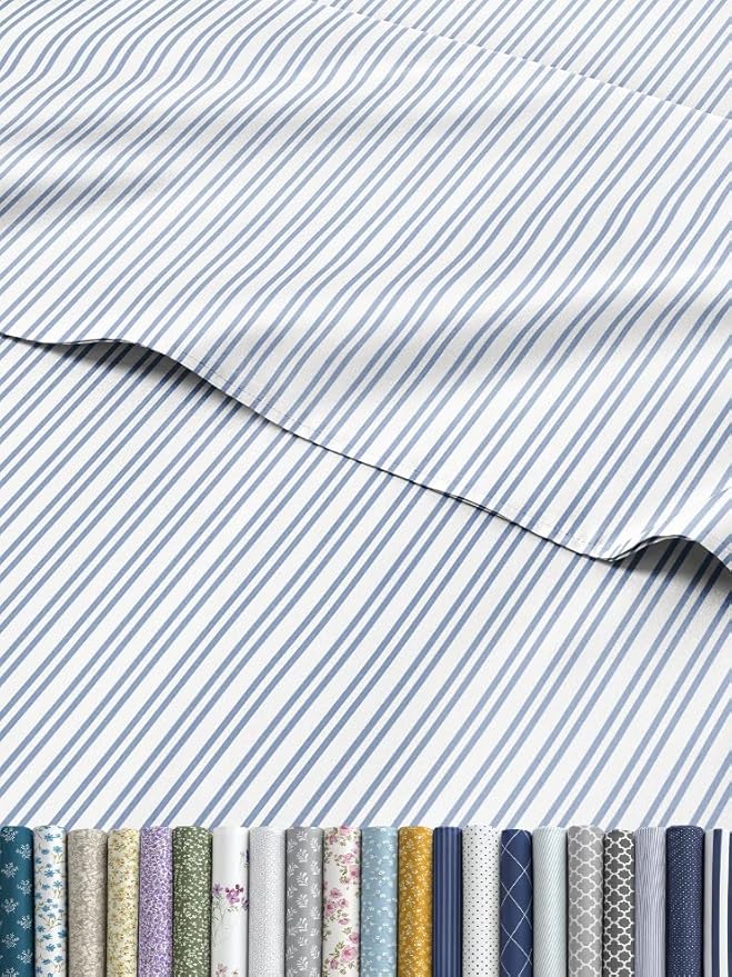 Blue and White Striped Sheets - 1 Flat & 1 Fitted Sheet & 2 Pillowcases w/ Deep Pockets - Comfy, Wrinkle & Fade Resistant - Ultra-Soft, Breathable & Cooling - Luxury Pinstripe Bedding - Queen Size