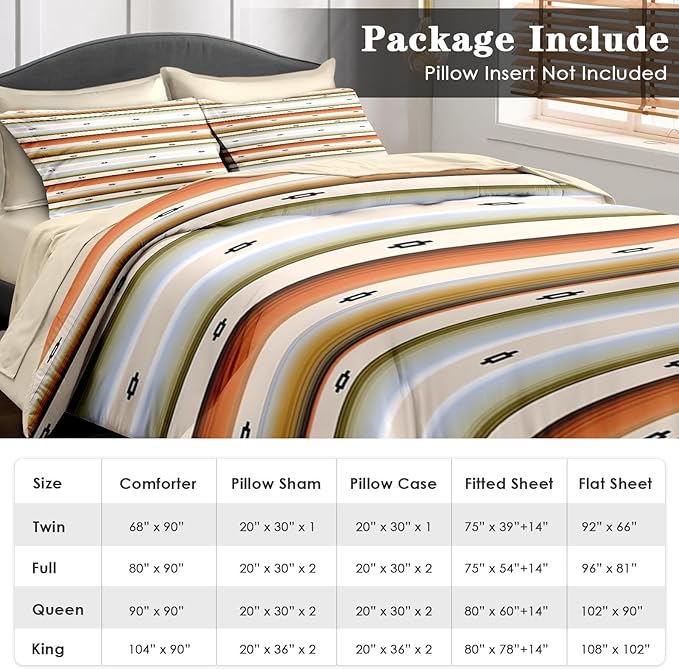 Comforter Set Full Size, Geometric Tribal Striped 7 Pcs Bedding for Kids and Adults, Boho Modern Colorful Bed Sheet Sets with Fitted Sheet 2 Pillowcase & 2 Sham for Bedroom Bed Decor