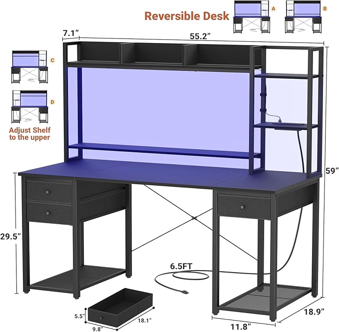 Aheaplus Desk with LED and Outlets, Gaming Desk with Hutch, 55.2'' Computer Desk with Drawers, Reversible Office Desk with Storage Bookshelf Large Workstation Desk with Shelf, Desk for Home, Black