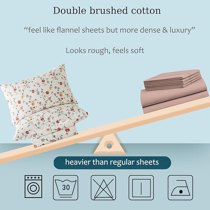 Zusbest California King Size Sheet Sets 100% Percale Cotton Off White Floral Bed Sheet, Brushed for Extra Softness, Breathable Flannel Sheets Like Pink Flower Print Deep Pocket Sheets 17.5'' 4 Pcs