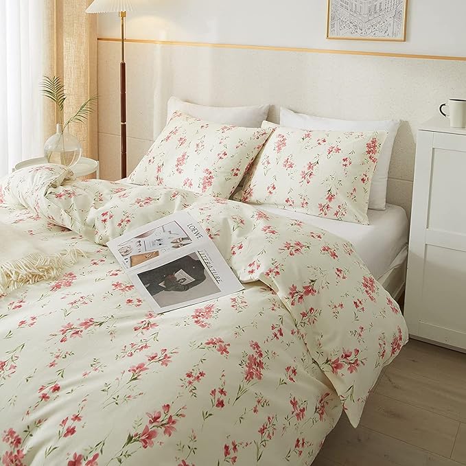 Vintage Garden Style Pink Floral Comforter Set Full Chic Boho Floral Bedding Comforter Fluffy Soft Aesthetic Flowers Botanical Comforter with 2 Pillowcases Girls Women Cottagecore Comforter Set