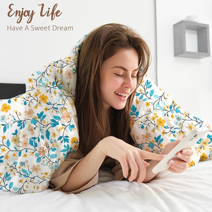 LONAVA Queen Botaincal 3 Pcs Duvet Cover Set, Breathable Soft Microfiber Sky Blue Lining Comforter Cover with Zipper Closure, and 2 Anti-Pilling, Fade Resistant Pillowcases, Sky Blue Flower