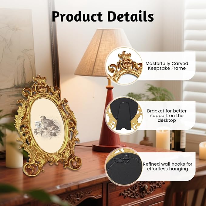 Gold Picture Frames, 5x7 Oval Vintage Photo Frame, Classic Carved Resin Picture Frame with Glass Front, Ornate Hand-Crafted Photo Frames for Tabletop or Wall Hanging, Photos Display Frame
