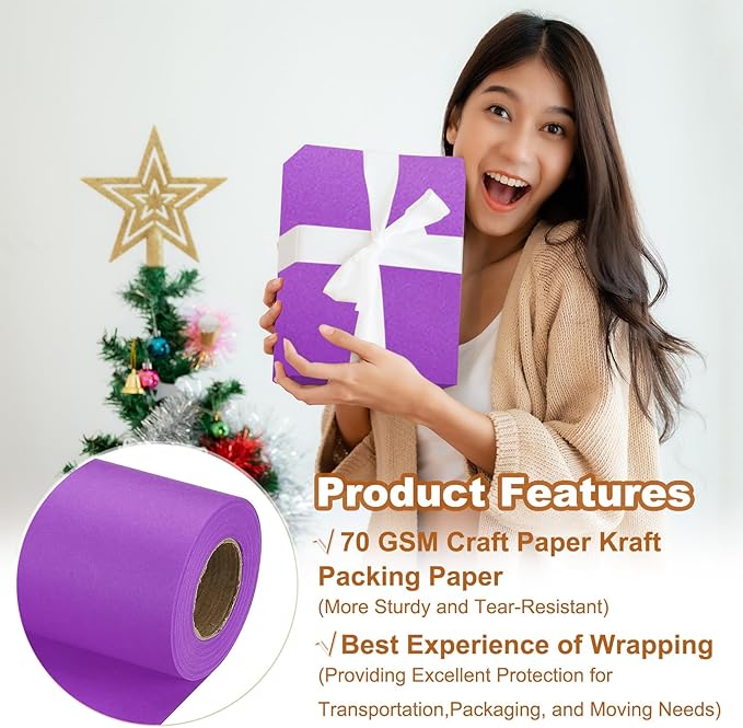 PATIKIL Wrapping Paper, 15" x 500"(42') 70 GSM Craft Paper Roll Kraft Packing Paper for Poster Bulletin Board, Gift Wrapping, Dark Purple