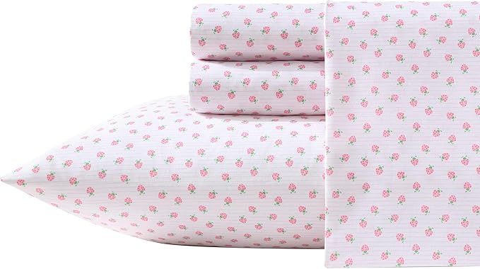 Laura Ashley Kids - Full Sheet Set, Soft & Wrinkle-Resistant Toddler Bedding Set, Deep Pockets, Girl Bed Sheets with Matching Fitted Sheet & Pillowcases (Sweet Lady Bugs Pink)
