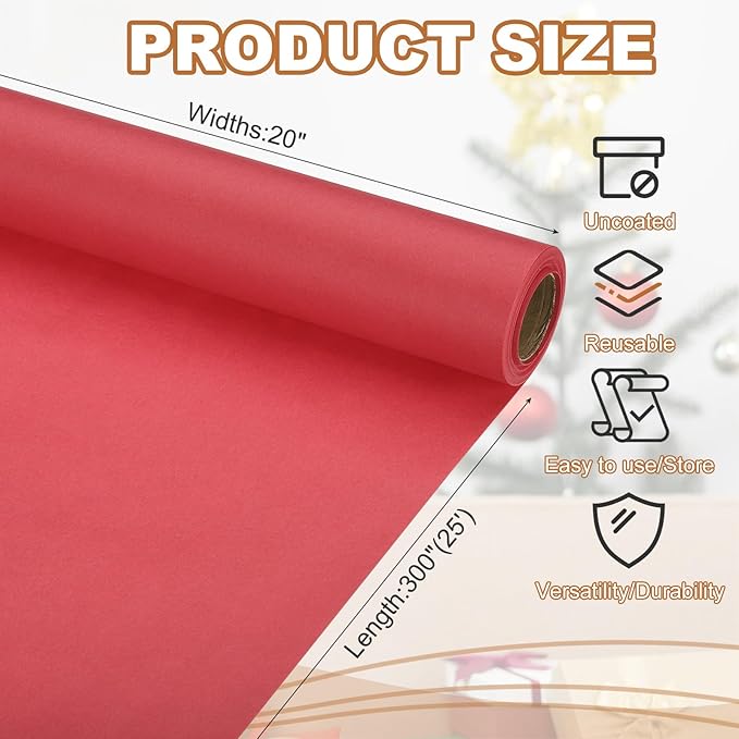 PATIKIL Wrapping Paper, 20" x 300"(25') 70 GSM Craft Paper Roll Kraft Packing Paper for Poster Bulletin Board, Gift Wrapping, Red