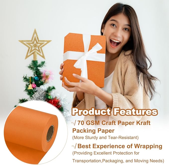 PATIKIL Wrapping Paper, 15" x 800"(66') 70 GSM Craft Paper Roll Kraft Packing Paper for Poster Bulletin Board, Gift Wrapping, Orange