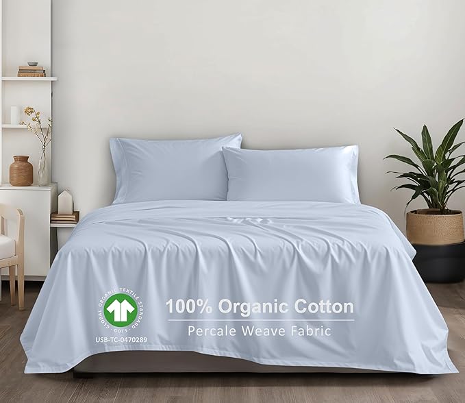 RUVANTI 100% Organic Cotton Sheets King Size, Percale Weave, GOTS Certified, 4-Piece Set, Deep Pocket 15", Crisp & Breathable, Soft Durable Bedding, Sábanas Algodón Orgánico – Arctic Ice