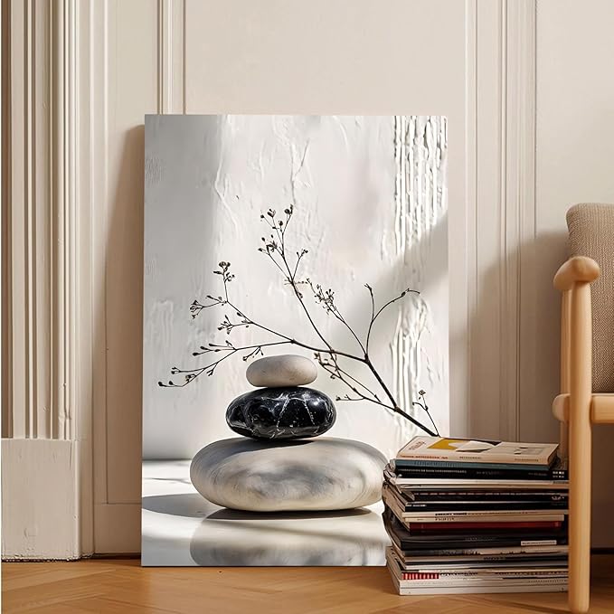 Gray and black stone pile and dried flowers poster canvas wall art in harmony Minimalist wall art for tranquil homes and mindful spaces 8x12in Frameless