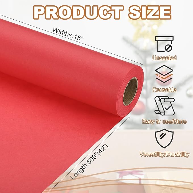 PATIKIL Wrapping Paper, 15" x 500"(42') 70 GSM Craft Paper Roll Kraft Packing Paper for Poster Bulletin Board, Gift Wrapping, Bright Red