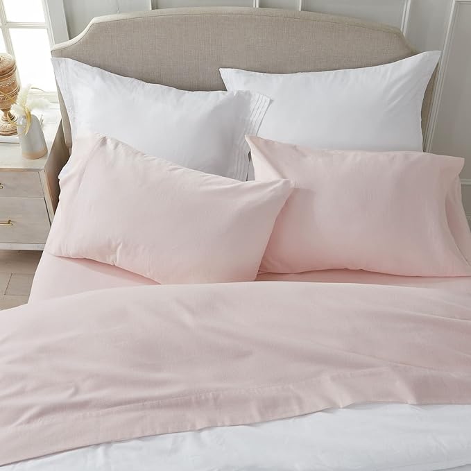 Market & Place 100% Turkish Cotton Flannel Sheet Set | 4 Piece Deep Pocket Solid Cozy Winter Bed Sheets | Double Brushed for Extra Softness & Comfort | Chalet Collection (Queen, Blush Pink)