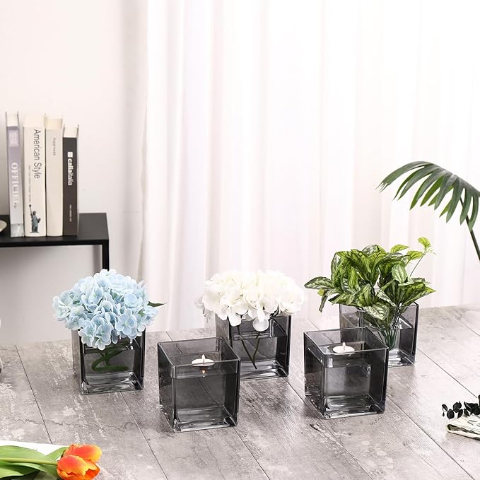 Square Grey Glass Vases Set of 2, 6" x 6" x 6" Square Vase for Centerpieces, Flower Vases for Centerpieces, Small Vase for Wedding, Party, Home Office Decoration