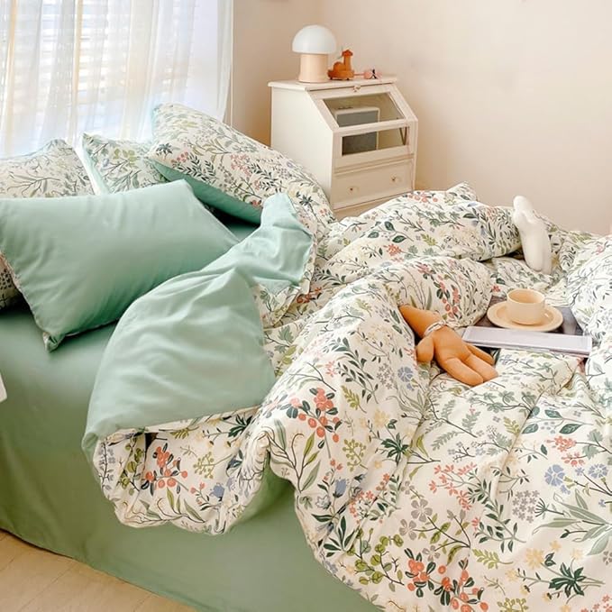 Sage Green Floral Duvet Cover Queen Size Comforter Cover Cotton Floral Cottagecore Bedding Sets Queen Vintage Boho Flower Comforter Cover Botanical Wildflower Plants Duvet Cover with 2 Pillowcases