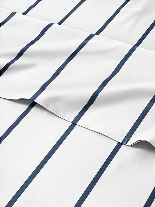 Striped Sheets - Navy Blue & White Striped Sheets - 1 Flat & 1 Fitted & 1 Pillowcase w/ Deep Pockets – Wrinkle & Fade Free - Soft Breathable & Cooling – Luxury Pinstripe Bedding - Twin XL Size Bed Set