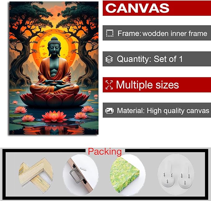 Canvas wall art Golden Buddha on lotus at sunset Ancient trees with reflections on water Serene meditation scene Uplifting wall art for mindfulness and tranquil home decor 16x24in Wood Framed