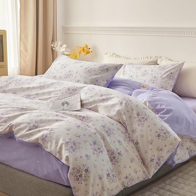 LifeTB Vintage Floral Comforter Set Queen Purple Flower Bedding Comforter for Queen Bed Boho Garden Floral Botanical Comforter with 2 Pillowcases Farmhouse Bedding Girls Floral Comfy Comforter Set
