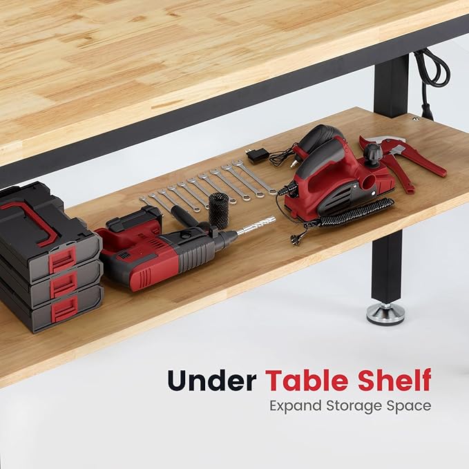 Work Table for Garage 60 Inch Workbench with Storage Adjustable Height Rubber Wood Tabletop Work Bench with Power Outlets Pegboard Pad for Cutting Wood Shop Woodworking Home Office