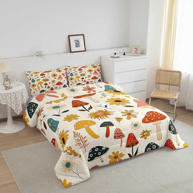 Castle Fairy Retro Mushroom Flowers Comforter Set Twin Size,70s 60s Groovy Quilt Set for Kids Boys Bedroom Collection,Vintage Boho Plant Floral Polyester Bedding with 1 Pillowcase,2Pcs