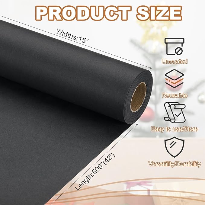 PATIKIL Wrapping Paper, 15" x 500"(42') 70 GSM Craft Paper Roll Kraft Packing Paper for Poster Bulletin Board, Gift Wrapping, Black