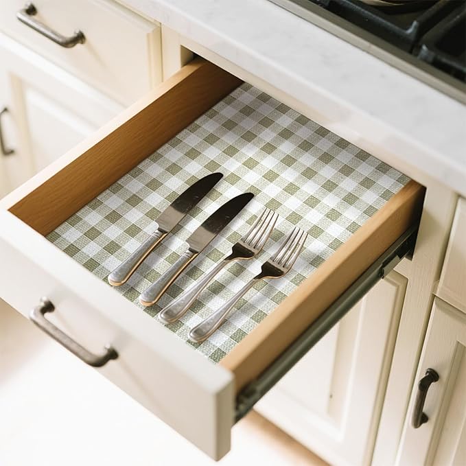 Drawer Liner and Shelf Liner for Kitchen Cabinet Liner Non-Adhesive Non-Slip Shelf Paper, Thick Strong Grip Waterproof Easy to Clean for Shelves, Cupboard, Desks, Green Plaid Pattern, 17.5 in x 10 FT