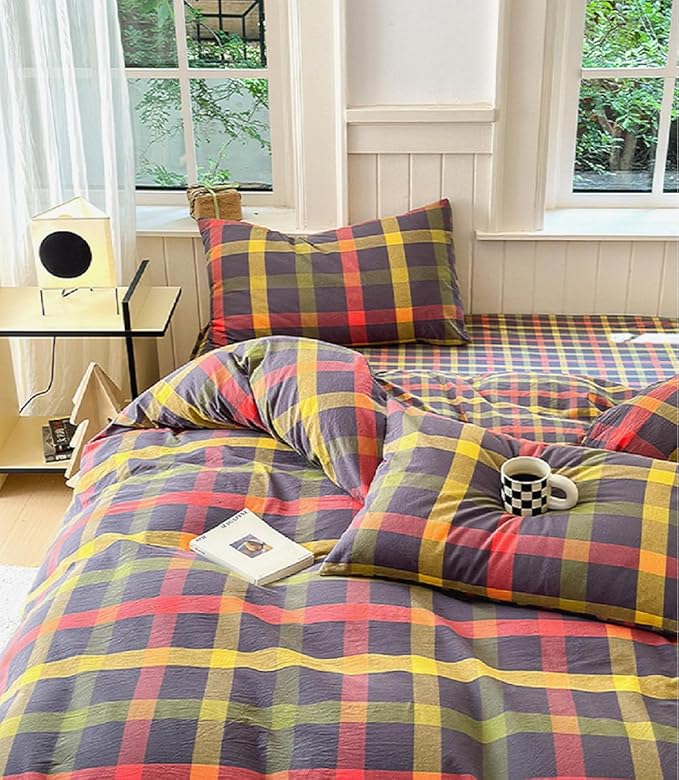 LifeTB Plaid Checkered Comforter Set King 3 Pieces Grid Gingham Bedding Comforter with 2 Pillowcases Farmhouse Lightweight Bedding Fluffy Multicolor Grid Bed Comforter Set King Size for All Season