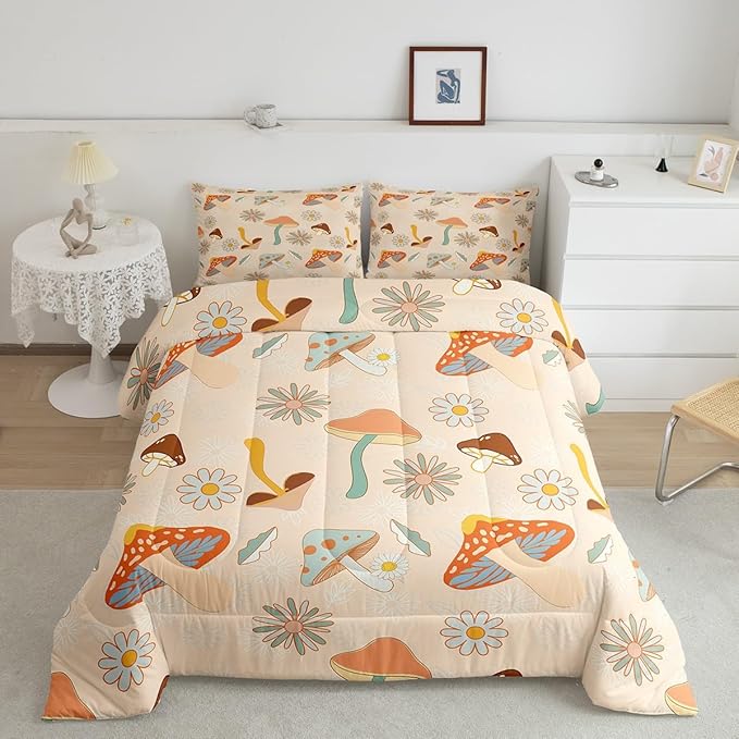 Castle Fairy 60s 70s Retro Mushroom Queen Size Comforter Set,Groovy Flowers Floral Bedding Set with 2 Pillowcases,Boho Art Breathable Polyester Bedding Comforters