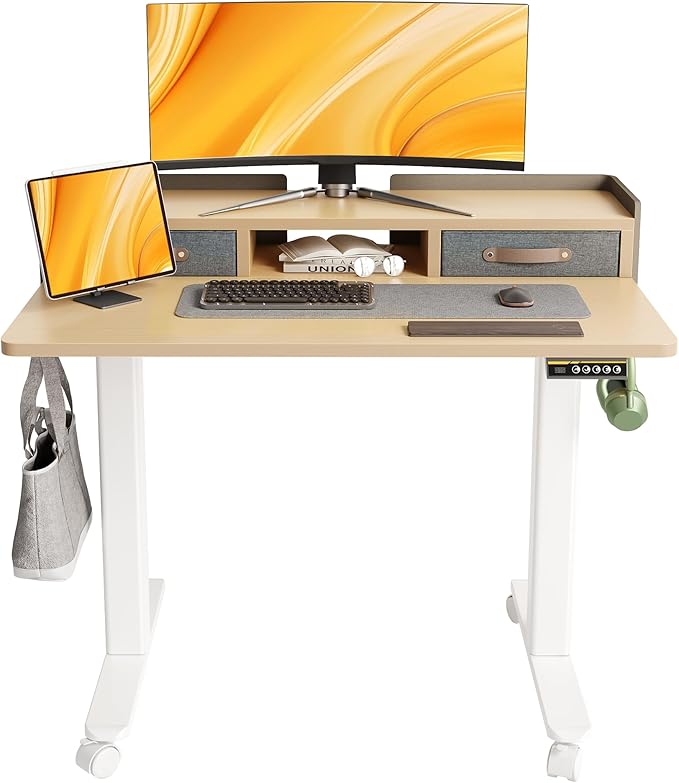 Claiks Standing Desk with Drawers, Adjustable Stand Up Electric Small Standing Desk Adjustable Height with Storage Shelf and Splice Board, 40 Inch, Natural