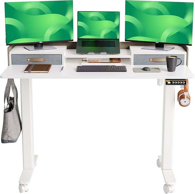Claiks Standing Desk with Drawers, Stand Up Electric Standing Desk Adjustable Height with Storage Shelf and Splice Board, 48 Inch, White