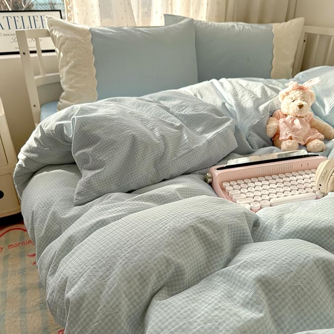 VM VOUGEMARKET Lace Comforter Set Twin XL Blue Plaid Gingham Comforter with 2 Romantic Lace Pillowcases Soft Cozy Grid Bedding Set for College Dorm